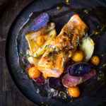 Citrus Baked Salmon with roasted fingerling potatoes in a flavorful citrus marinade. With only 15 minutes of hands-on time, this simple easy sheet-pan diner recipe is perfect for busy weeknights! Healthy and Light! Serve it up with the Everyday Kale Salad!