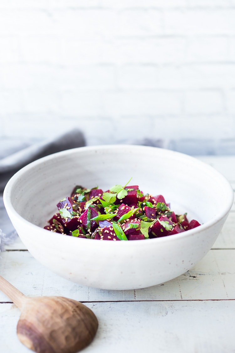 Beet Poke Salad - a delicious vegan make-head salad that can be served over greens, rice or soba noodles. Fast and easy! #poke #beets #beetsalad #vegan #vegansalad #cleaneating 