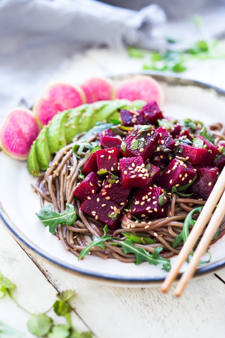 Beet Poke Salad - a delicious vegan make-head salad that can be served over greens, rice or soba noodles. Fast and easy! #poke #beets #beetsalad #vegan #vegansalad #cleaneating 