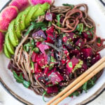 Beet Poke Salad - a delicious vegan make-head salad that can be served over greens, rice or soba noodles. Fast and easy! #poke #beets #beetsalad #vegan #vegansalad #cleaneating