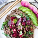 Beet Poke- a vegan twist on Hawaiian-style poke made with steamed beets instead of fish, this delicious beet salad can be made ahead and served over rice, greens or noodles for midweek meals! #poke #beetsalad #beets #avocado #soba #pokebowl #vegansalad #cleaneating