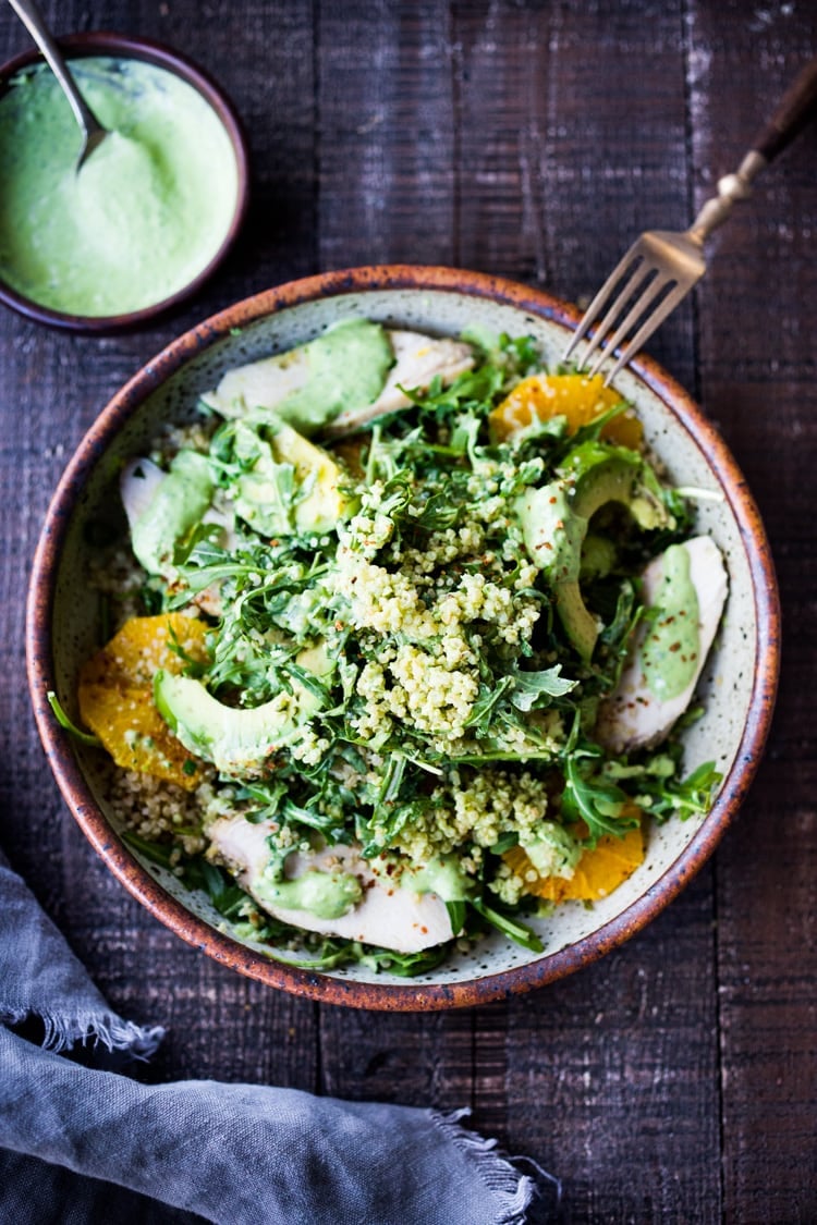 Lemony Chicken Arugula Quinoa Salad with Avocado and Creamy Basil Dressing- an easy high protein salad that is full of amazing flavor! #salad #chickensalad #quinoa #quinoasalad #arugula #arugulasalad