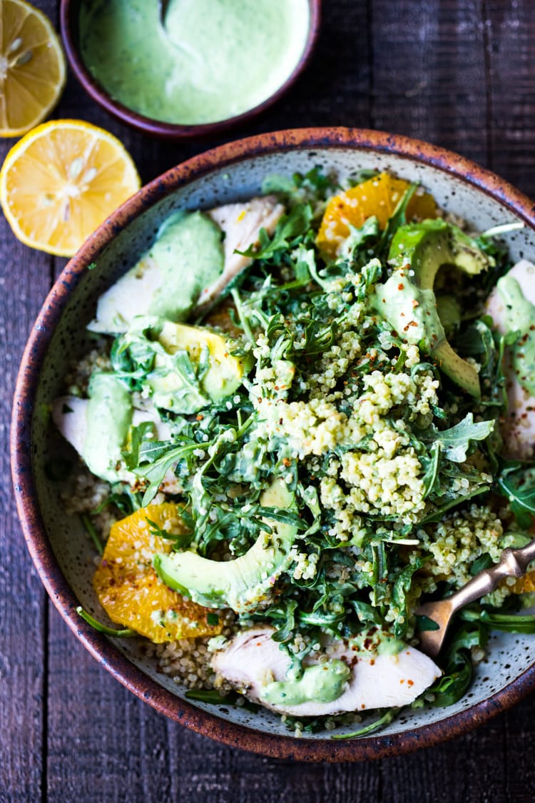 Lemony Chicken Arugula Quinoa Salad with Avocado and Creamy Basil Dressing- an easy low-carb, high protein salad that is full of amazing flavor! #salad #chickensalad #quinoa #quinoasalad #arugula #arugulasalad 