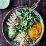 Lemony Chicken Arugula Quinoa Salad with Avocado and Creamy Basil Dressing- an easy high protein salad that is full of amazing flavor! #salad #chickensalad #quinoa #quinoasalad #arugula #arugulasalad