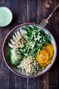 Lemony Chicken Arugula Quinoa Salad with Avocado and Creamy Basil Dressing- an easy high protein salad that is full of amazing flavor! #salad #chickensalad #quinoa #quinoasalad #arugula #arugulasalad