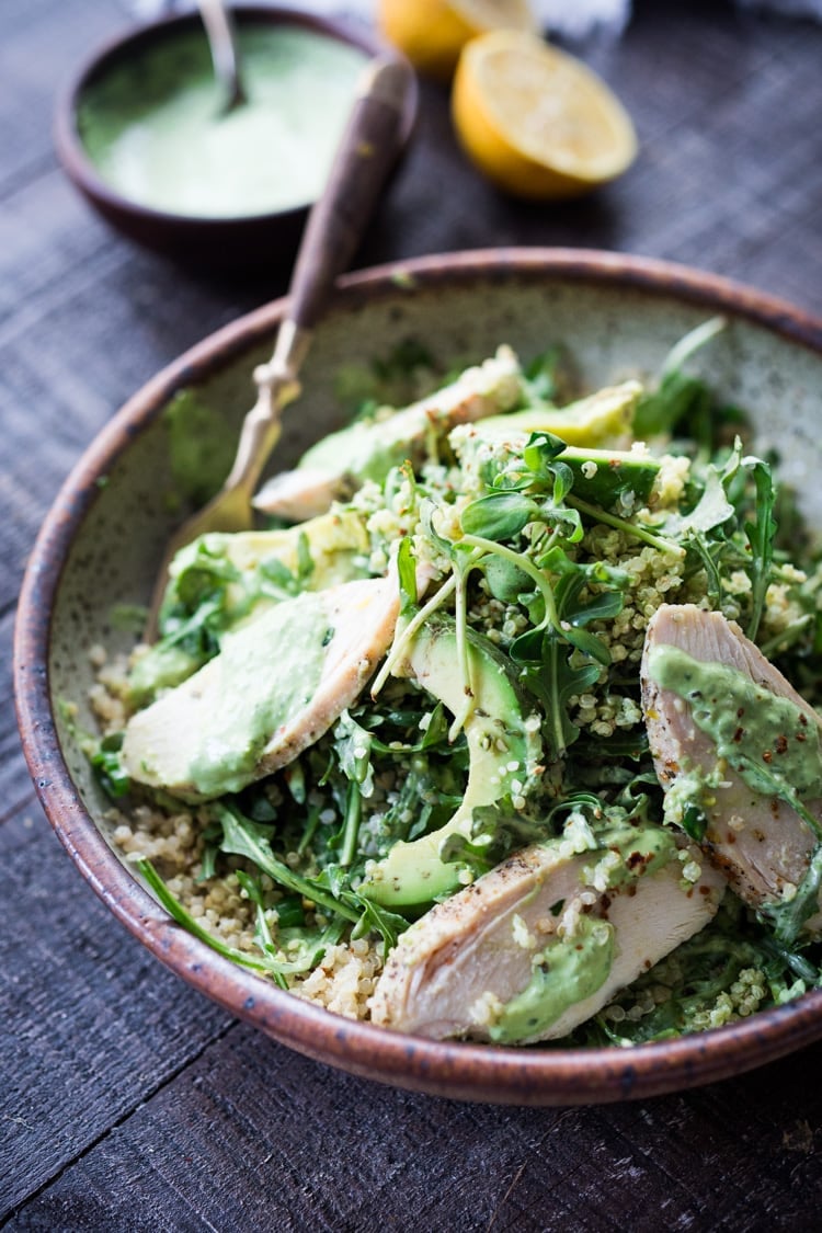 Lemony Chicken Arugula Quinoa Salad with Avocado and Creamy Basil Dressing- an easy high protein salad that is full of amazing flavor! #salad #chickensalad #quinoa #quinoasalad #arugula #arugulasalad