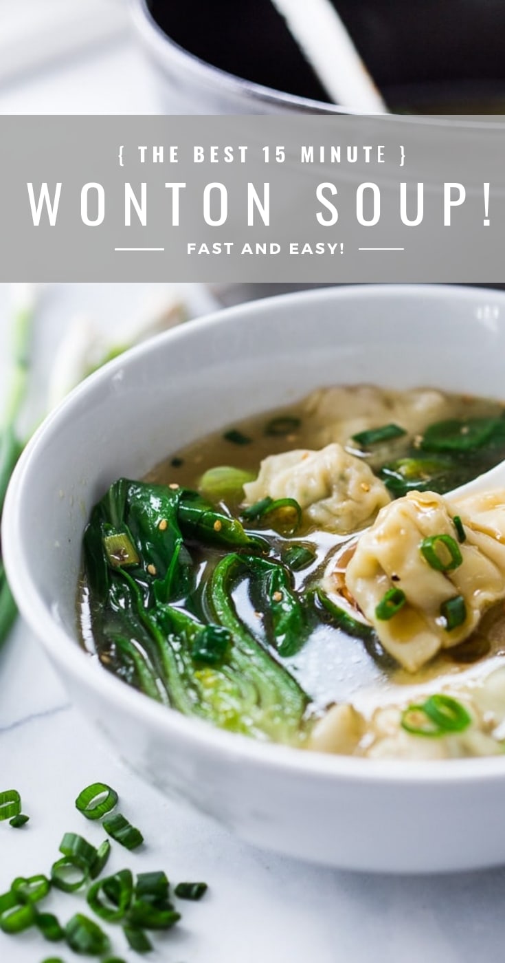 15 Minute Wonton Soup with Lemon Ginger Broth - loaded up with healthy vibrant greens - a fast and easy weeknight diner! Vegan adaptable! #wontonsoup #wonton #broth