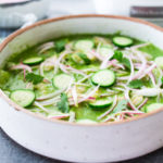 An authentic Mexican recipe for Aguachile with Shrimp! Similar to ceviche, shrimp is sliced in half, and cooked in a mixture of lime juice, chiles and cilantro. Flavorful, simple and sooooo delicious! #aguachile #shrimp #verde #ceviche #Mexican