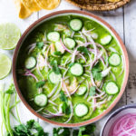 How to make authentic Mexican Aguachile! Similar to ceviche, shrimp is cooked in a mixture of lime juice, chiles and cilantro. Flavorful, simple and sooooo delicious! #aguachile #shrimp #verde #ceviche #Mexican
