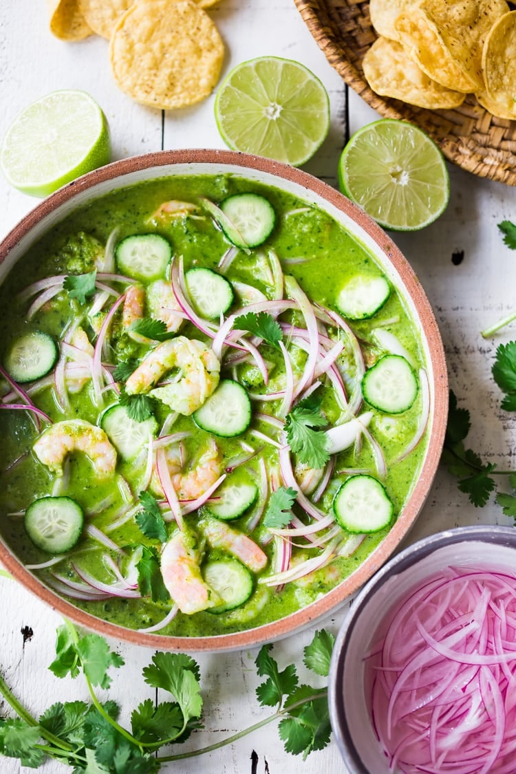 50+ Best Healthy Fish Recipes!| Feasting at Home: How to make authentic Mexican Aguachile! Similar to ceviche, shrimp is cooked in a mixture of lime juice, chiles and cilantro. Flavorful, simple and sooooo delicious! #aguachile #shrimp #verde #ceviche #Mexican
