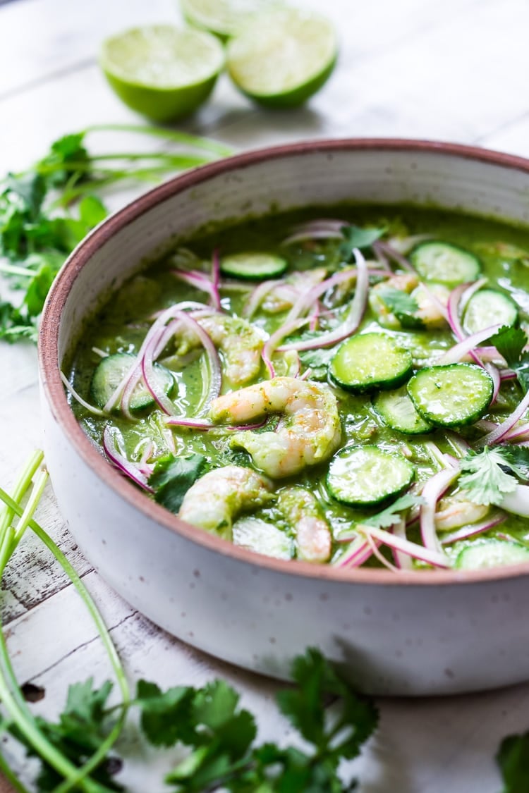 Authentic Aguachile Recipe! Similar to ceviche, shrimp is cooked in a mixture of lime juice, chiles and cilantro. Flavorful, simple and sooooo delicious! #aguachile #shrimp #verde #ceviche #Mexican 