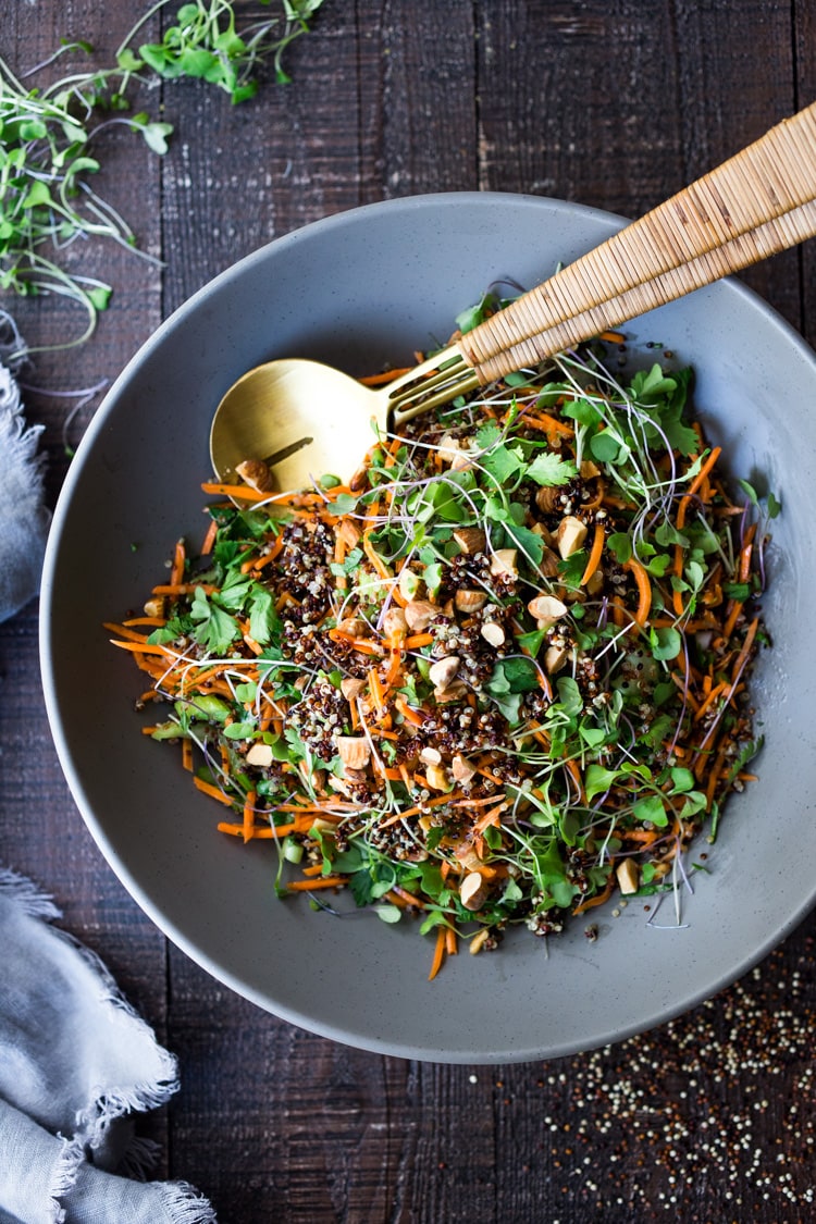 OUR TOP 20 PLANT-BASED Recipes! Carrot Quinoa Salad with Almonds and Raw Apple Cider Vinaigrette- a delicious vegan salad that can be made ahead. #vegan #quinoa #quinoasalad #carrotsalad #vegansalad
