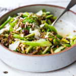 Celery Salad with lentils, dates and almonds - a delicious make ahead salad that keeps for several days in the fridge. Keep it vegan or add shaved pecorino! #celerysalad #lentilsalad #healthysalad #salad #vegansalad