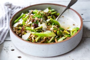 Celery Salad with lentils, dates and almonds - a delicious make ahead salad that keeps for several days in the fridge. Keep it vegan or add shaved pecorino! #celerysalad #lentilsalad #healthysalad #salad #vegansalad