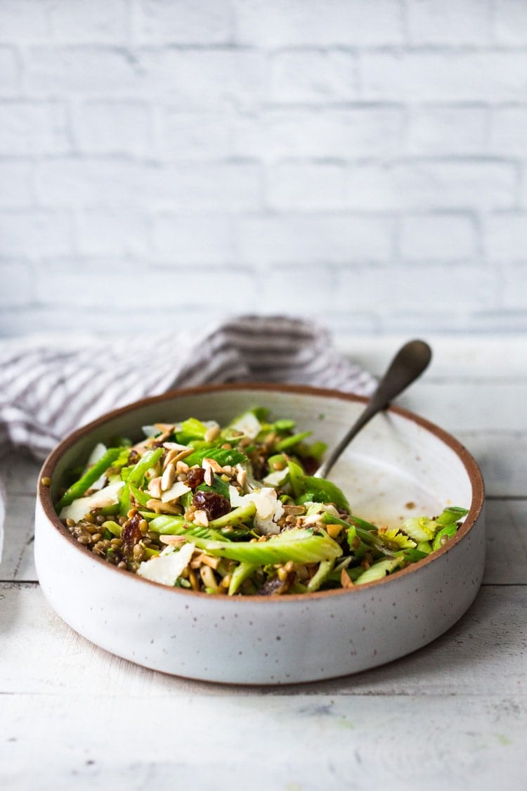 Celery Salad with lentils, dates and almonds - a delicious make ahead salad that keeps for several days in the fridge. Keep it vegan or add shaved pecorino! #celerysalad #lentilsalad #healthysalad #salad #vegansalad
