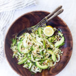 Fennel Asparagus Salad with Almonds and Lemony Leek Dressing. This vegan salad can be made ahead, a perfect side to fish, chicken or tofu. #fennel #fennelsalad #asparagus #vegansalad #eatclean #leeks #recipe #slaw #vegan #plantbased