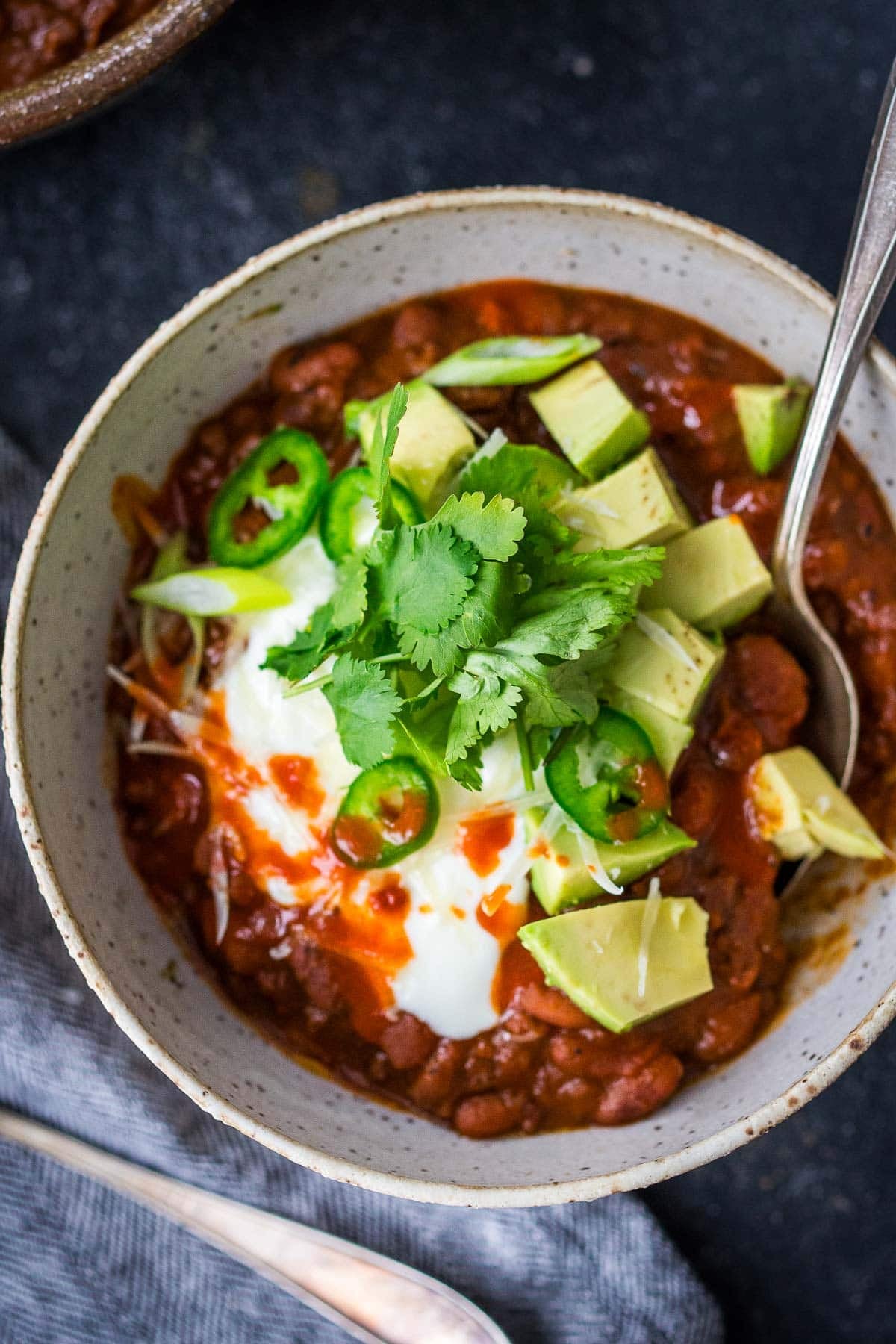 A bowl of Beef chili made in the instant pot. 