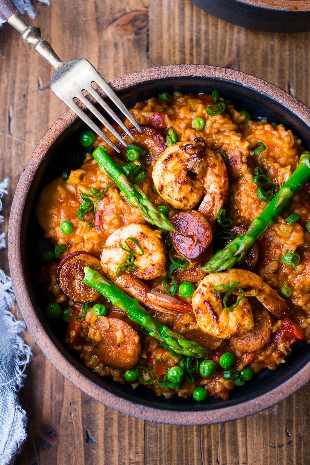 Jambalaya in a bowl with shrimp and chicken sausage. 