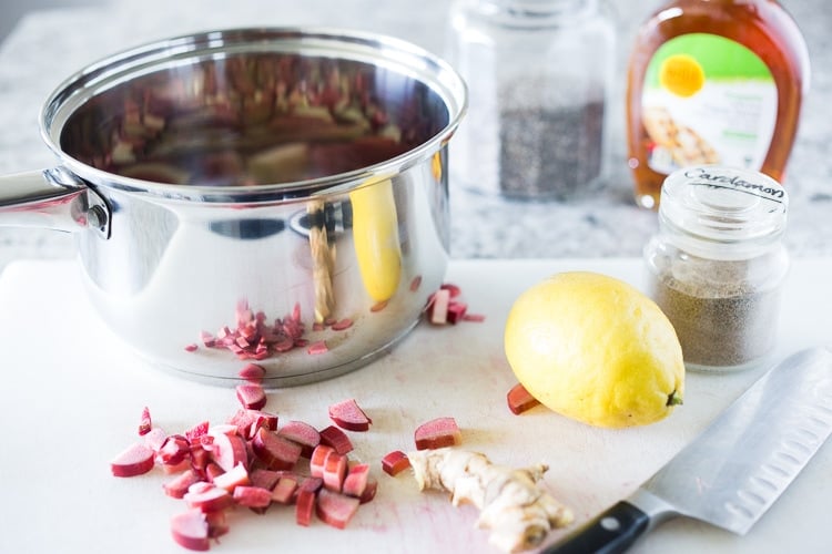 Rhubarb Jam with Chia Seeds and Maple Syrup - a deldious, nutritious jam that is sugar free! #rhubarbjam #chiajam #rhubarb #rhubarbrecipes #paleo #paleojam #sugarfree