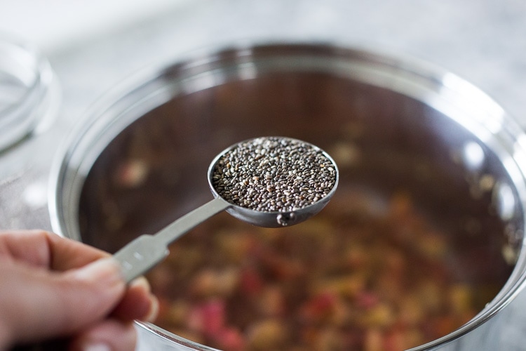 Rhubarb Jam with Chia Seeds and Maple Syrup - a deldious, nutritious jam that is sugar free! #rhubarbjam #chiajam #rhubarb #rhubarbrecipes #paleo #paleojam #sugarfree