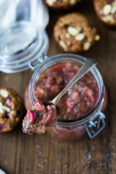 Rhubarb Jam with Chia Seeds and Maple Syrup - a deldious, nutritious jam that is sugar free! #rhubarbjam #chiajam #rhubarb #rhubarbrecipes #paleo #paleojam #sugarfree