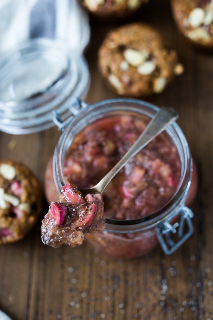 Rhubarb Jam with Chia Seeds and Maple Syrup - a fast and easy small-batch recipe for the most flavorful rhubarb jam, made with no sugar! Use this on morning yogurt, granola, almond butter toast or ice-cream!  #rhubarbjam #chiajam #rhubarb #rhubarbrecipes #paleo #paleojam #sugarfree