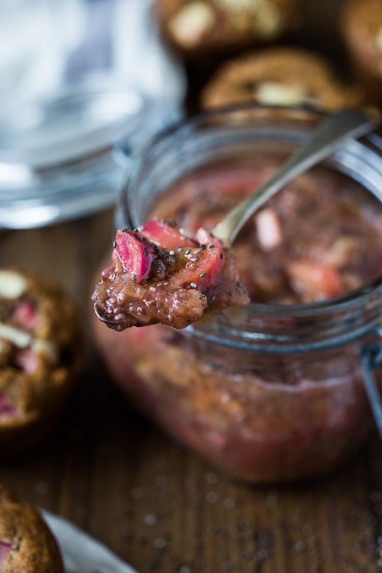 Rhubarb Jam with Chia Seeds and Maple Syrup - a fast and easy small-batch recipe for the most flavorful rhubarb jam, made with no sugar! Use this on morning yogurt, granola, almond butter toast or ice-cream!  #rhubarbjam #chiajam #rhubarb #rhubarbrecipes #paleo #paleojam #sugarfree