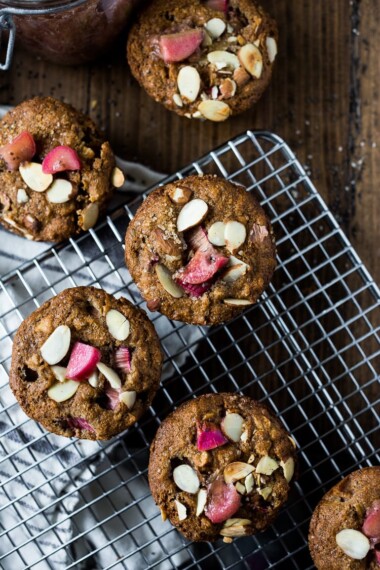 Rhubarb Muffins- a simple healthy one bowl recipe made with oats and sweetened with maple syrup. #rhubarb #rhubarbmuffins #rubbarbrecipes #muffins #spelt #chia #almonds