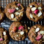 Rhubarb Muffins- a simple healthy one bowl recipe made with oats and sweetened with maple syrup. #rhubarb #rhubarbmuffins #rubbarbrecipes #muffins #spelt #chia #almonds
