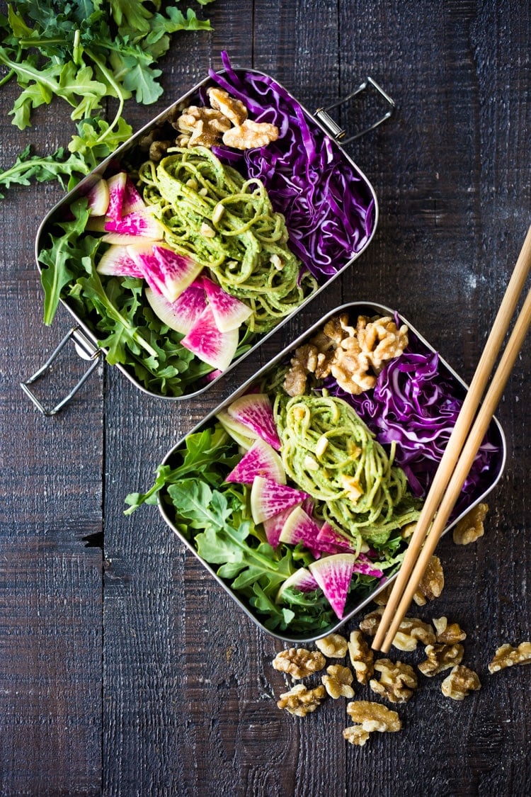 A delicious recipe for Superfood Walnut Pesto, tossed with soba noodles & loaded up with healthy veggies- a flavorful nutritious lunch that is packable and can be made ahead! #walnut pesto 