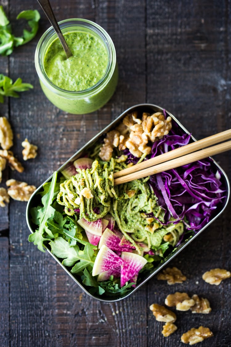 A delicious recipe for Superfood Walnut Pesto, tossed with soba noodles & loaded up with healthy veggies- a flavorful nutritious lunch that is packable and can be made ahead! Vegan and GF adaptable! #walnuts #walnutpesto #lunchbox #superfoods #pesto #soba #bentobox #bento #kalepesto #healthylunch #vegan #veganlunch #eatclean #cleaneating 