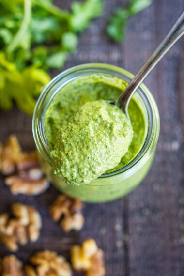 A delicious recipe for superfood Walnut Pesto! A tasty vegan walnut pesto recipe made with power greens, walnuts, garlic, miso paste and olive oil.  Vegan!