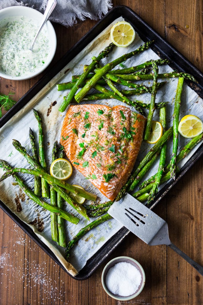 Salmon and asparagus on a sheet pan. 