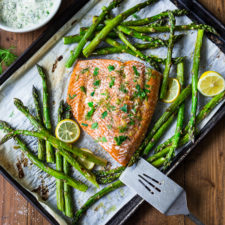 Baked Salmon Recipe with Asparagus &amp; Yogurt Dill Sauce -image