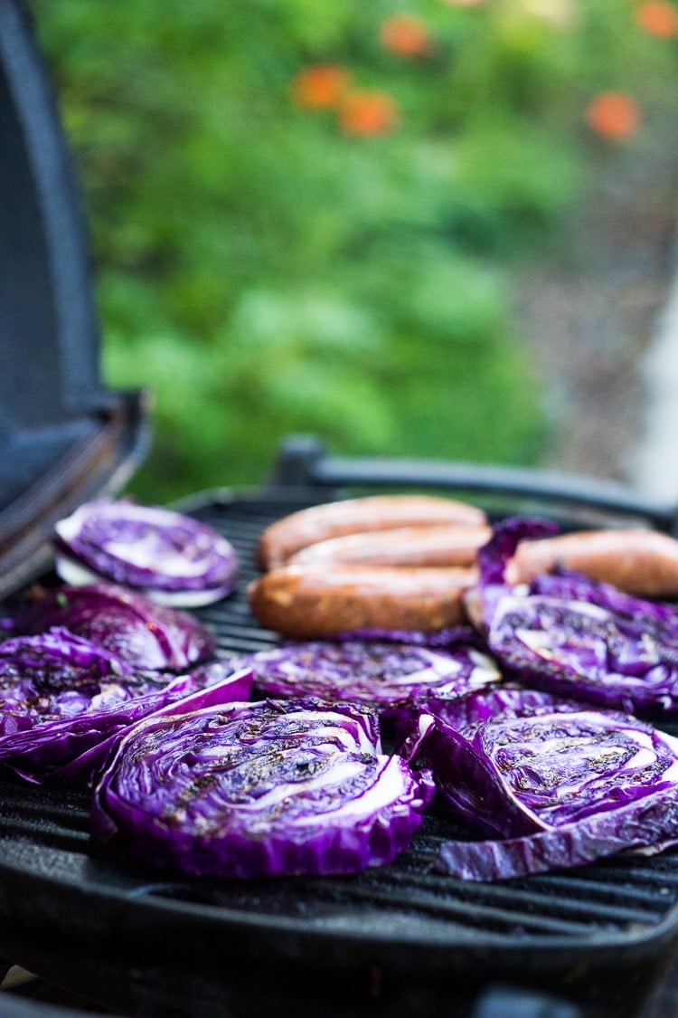 Grilled Cabbage with Andouille Sausage (Vegan adaptable and keto!) a fast and EASY dinner recipe that can be made in 30 minutes! #grill #keto #grilledcabbage #cabbagesteaks #cabbage #vegangrill #grilling #andouillesausage 