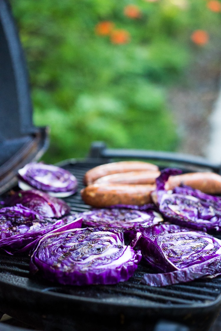 Grilled Cabbage with Andouille Sausage (Vegan adaptable and keto!) a fast and EASY dinner recipe that can be made in 30 minutes! #grill #keto #grilledcabbage #cabbagesteaks #cabbage #vegangrill #grilling #andouillesausage 