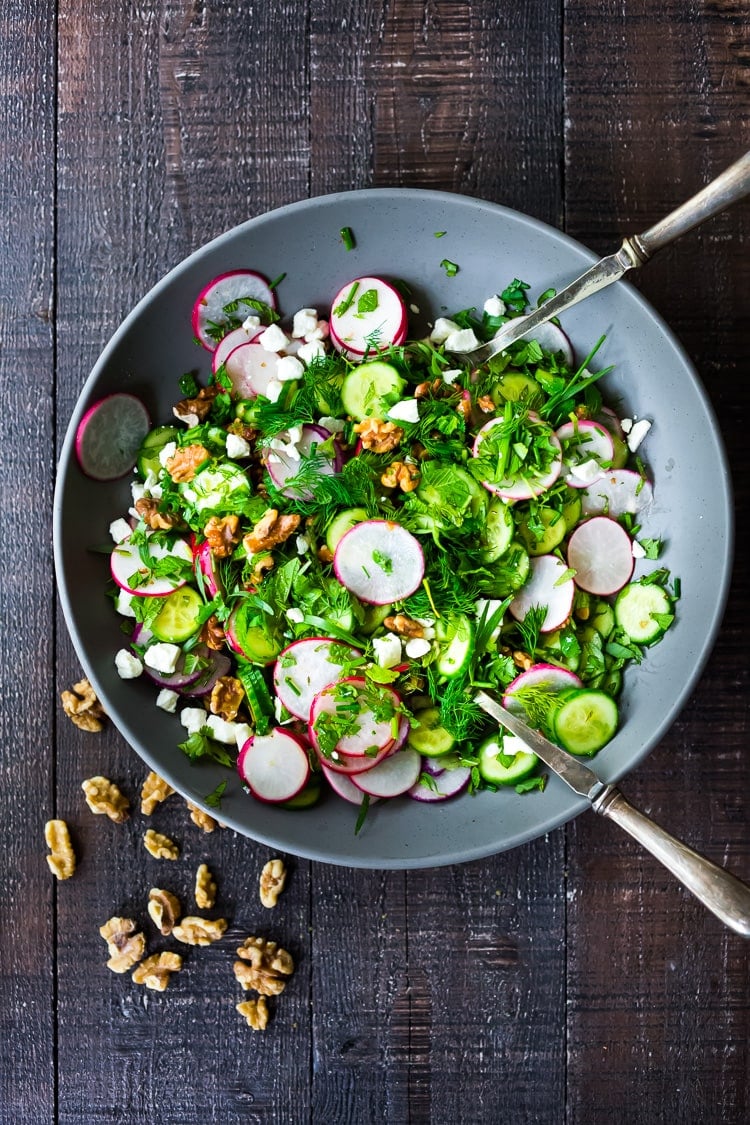 Persian Walnut Salad with Cucumbers, Radishes, Mint, Dill, Cilantro and Parsley. Loaded up with fresh herbs this refreshing summer salad is the perfect side to summer grilling! #walnuts #cawalnuts #walnutsalad #persiansalad #herbsalad #persianherbsalad