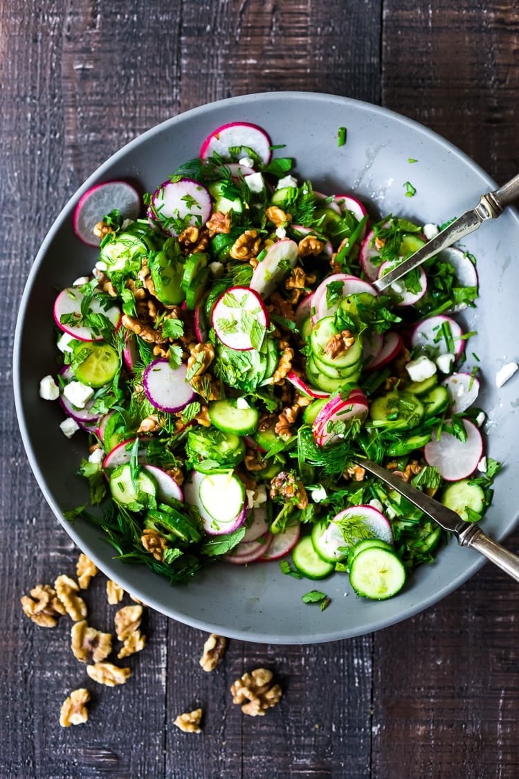  Persian Walnut Salad with Herbs, Cucumber and Radishes - a nutritious summer side to all your outdoor grilling and gatherings! Vegan adaptable!