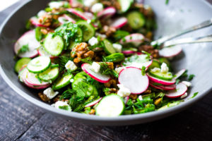 Persian Walnut Salad with Cucumbers, Radishes, Mint, Dill, Cilantro and Parsley. Loaded up with fresh herbs this refreshing summer salad is the perfect side to summer grilling! #walnuts #cawalnuts #walnutsalad #persiansalad #herbsalad #persianherbsalad