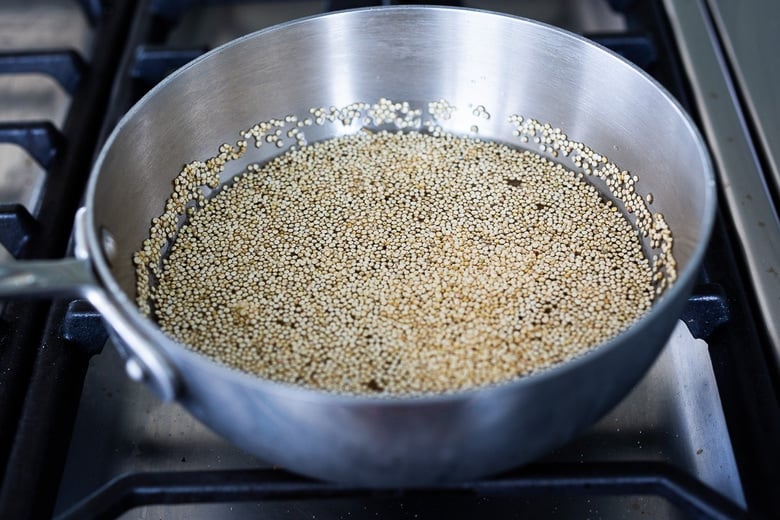 cooking the quinoa for Peruvian Burritos