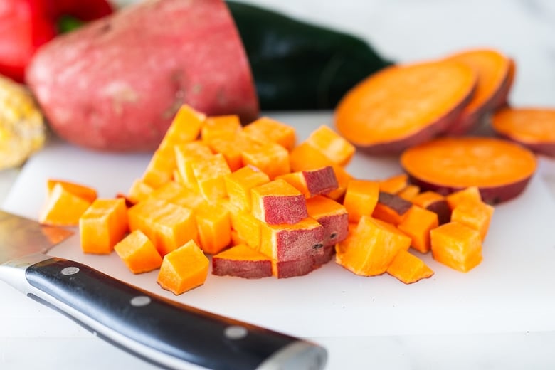 cutting sweet potatoes 