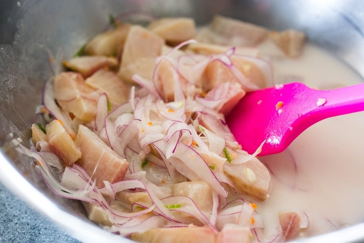 A simple delicious recipe for Peruvian Ceviche made with fish, chilies, lime, a splash of coconut milk and a hint of ginger. Easy, healthy flavorful!Â