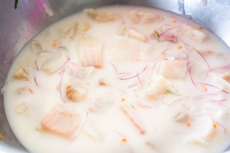 A simple delicious recipe for Peruvian Ceviche made with fish, chilies, lime, a splash of coconut milk and a hint of ginger. Easy, healthy flavorful! 