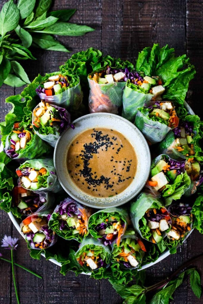 50 Delicious Tofu Recipes: Healthy Vegan Spring Rolls with Peanut Sauce Recipe.