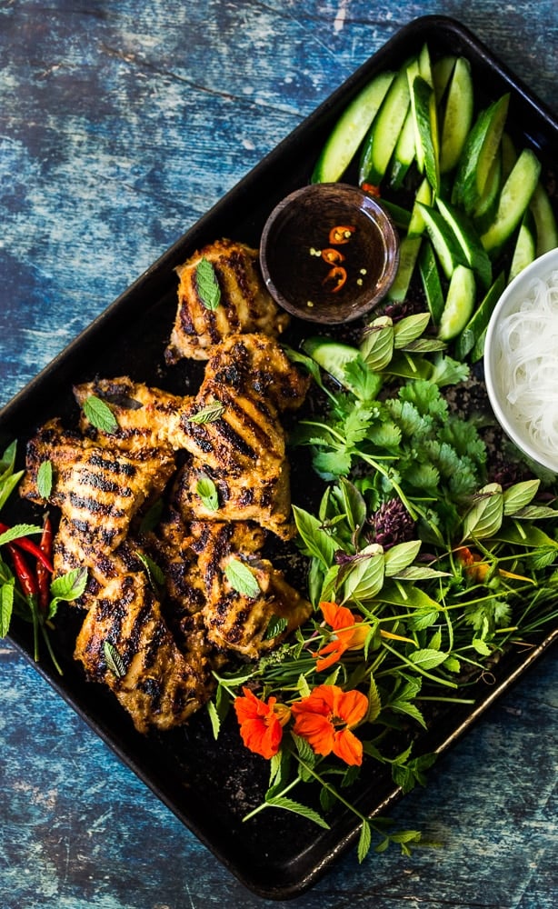 Grilled Lemongrass Chicken- bursting with Vietnamese flavors . Use this in Vietnamese Rice Noodle bowls ( Bun Ga Nuong )or own its own. Amazing flavor! #lemongrasschicken #vietnamesechicken #grilledchicken #lemongrass #lemongrassmarinade #vietnamesenoodlebowl