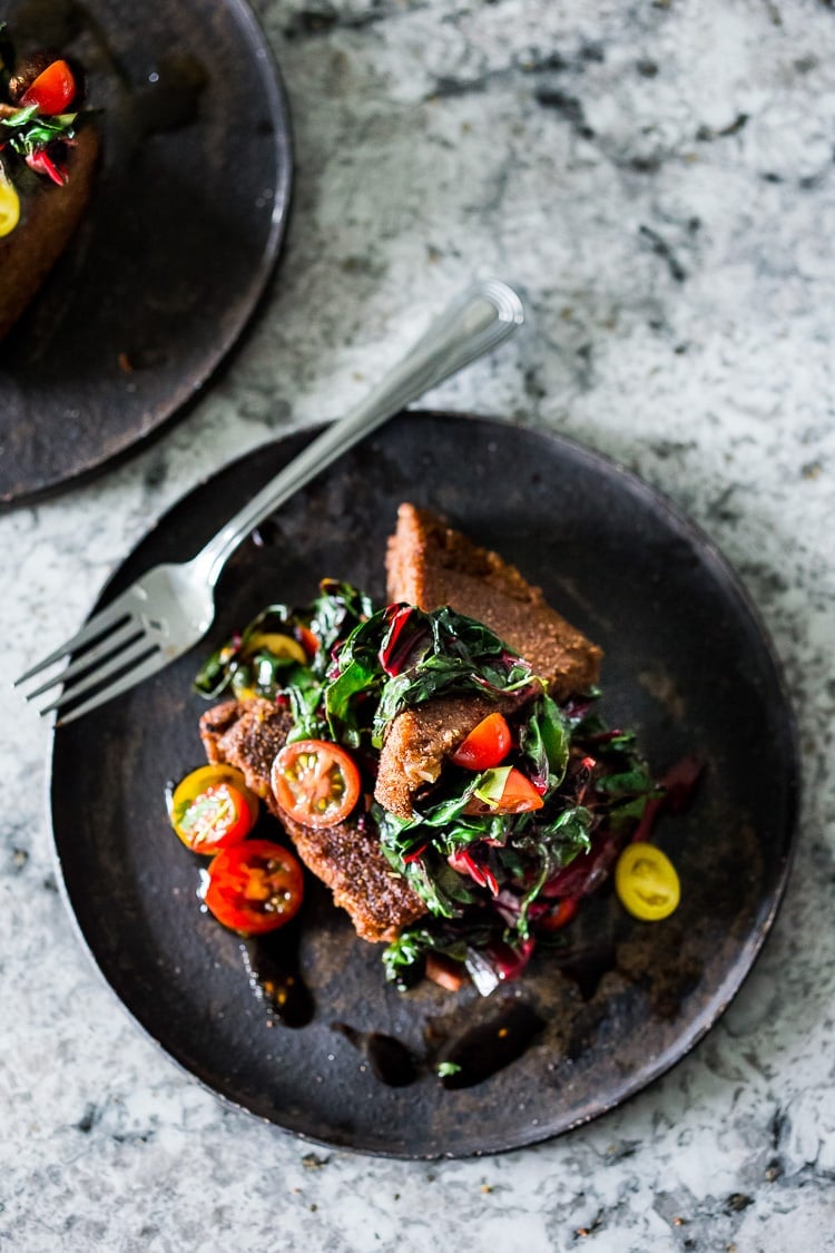 Vegan Teff Cakes with Wilted Chard and fresh Tomato Relish - a simple delicious vegan meal that is full of protein and nutrients! #teff #teffrecipes #teffcakes