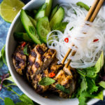 Grilled Lemongrass Chicken- bursting with Vietnamese flavors . Use this in Vietnamese Rice Noodle bowls ( Bun Ga Nuong )or own its own. Amazing flavor! #lemongrasschicken #vietnamesechicken #grilledchicken #lemongrass #lemongrassmarinade #vietnamesenoodlebowl