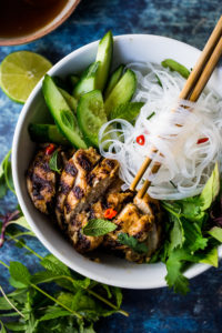 Grilled Lemongrass Chicken- bursting with Vietnamese flavors . Use this in Vietnamese Rice Noodle bowls ( Bun Ga Nuong )or own its own. Amazing flavor! #lemongrasschicken #vietnamesechicken #grilledchicken #lemongrass #lemongrassmarinade #vietnamesenoodlebowl