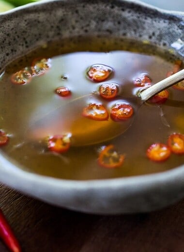 A simple authentic recipe for Nouc Cham, the Vietnamese dressing and dipping sauce for salads, spring rolls and noodle bowls. #nouccham #dressing #sauce #vietnamesesauce #dippingsauce