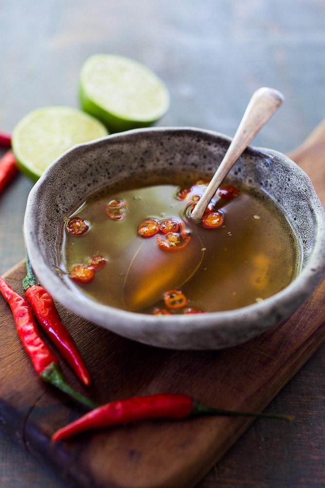 A simple authentic recipe for Nuoc Cham, a flavorful Vietnamese dipping sauce and dressing for salads, spring rolls and noodle bowls. Vegan adaptable! #nuoccham #dressing #sauce #vietnamesesauce #dippingsauce #nuoc